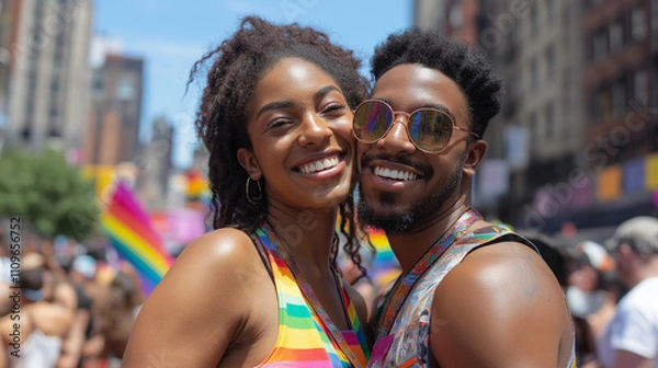 Fototapeta Happy couple embracing at a vibrant pride parade  LGBTQ+, celebrating love and diversity with rainbow flags in the background