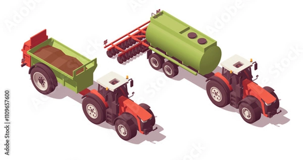 Obraz Set of isometric low poly tractors with manure spreaders. Vector illustrator