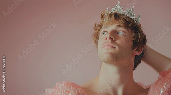 Fototapeta Young man wearing a tiara and pink outfit posing confidently against a soft pink background, symbolizing self-expression, individuality, and breaking gender stereotypes in a playful and artistic way.