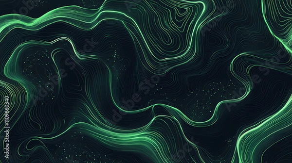 Fototapeta Green glowing lines are intertwining and forming a wavy organic pattern on a dark background, perfect for any project that needs an abstract background. Plasma. Illustration