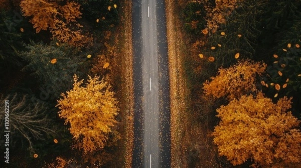 Fototapeta Aerial View of a Serene Autumn Road Surrounded by Colorful Trees and Falling Leaves in a Scenic Landscape of Vibrant Fall Foliage