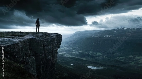 Fototapeta A solitary figure stands on the edge of a dramatic cliff overlooking a vast valley, surrounded by dark storm clouds and rugged mountain landscapes at dusk.