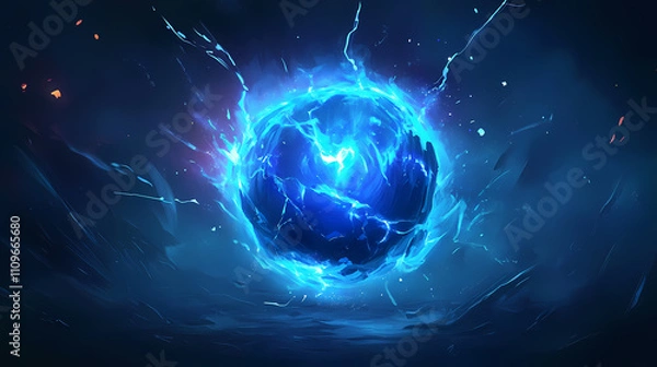 Obraz Blue glowing plasma ball lightning abstract background, plasma, blue, glowing, abstract, background, energy, electric. Plasma. Illustration