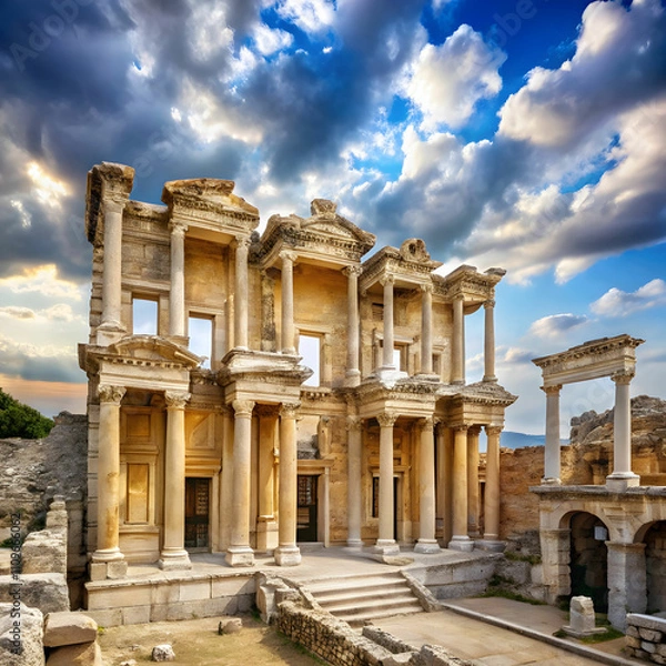 Fototapeta library of celsusin ephesus under blue cloudy ski