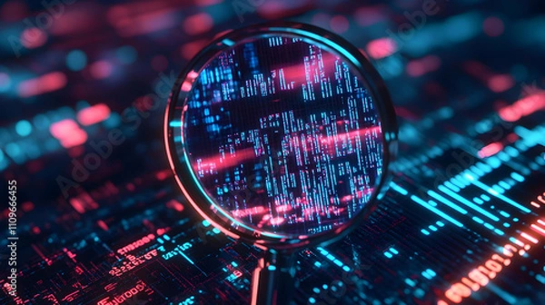 Fototapeta A magnifying glass highlighting vibrant blue and pink data lines, symbolizing data flow and modern analytics.