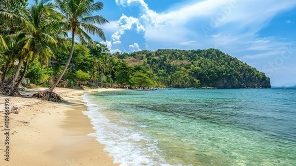 Obraz Serene Tropical Beach with Palm Trees, Clear Blue Water and Lush Green Hills Under a Bright Sky in a Peaceful Coastal Landscape