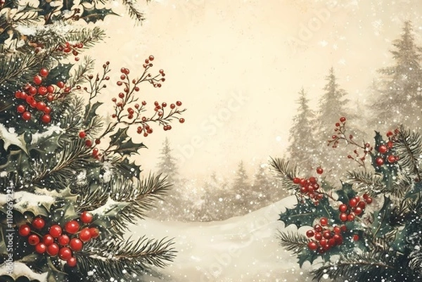 Fototapeta Vintage Victorian Christmas greeting card with holly leaves, red berries, snowy pine branches, and a winter forest scene in soft beige tones