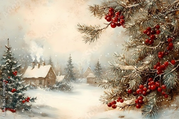 Fototapeta Vintage Victorian Christmas greeting card with snowy pine branches, red berries, and a rustic winter village scene in soft beige and blue tones