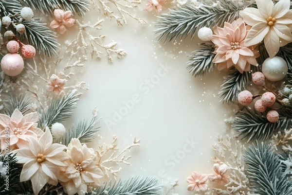 Fototapeta Vintage Victorian Christmas greeting card background with poinsettias, frosted pine branches, pastel pink berries, and a soft beige textured backdrop
