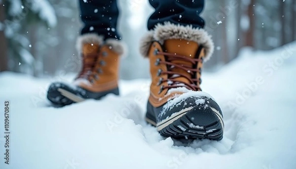 Fototapeta A close-up shot of a pair of leather winter boots stepping on fresh snow.