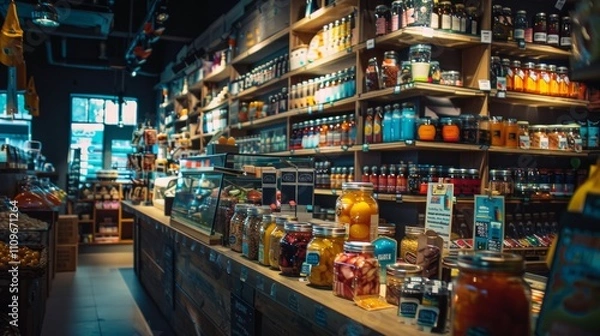 Fototapeta Rustic store shelves with jars and natural products on display