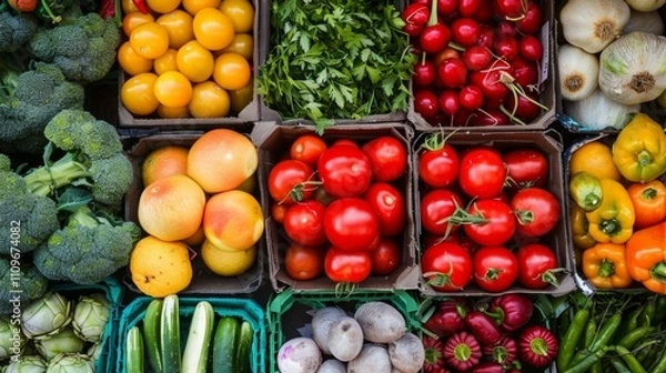 Fototapeta Assorted fresh vegetables in colorful display at a market