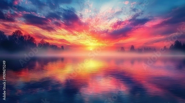 Fototapeta Breathtaking Sunset Over Tranquil Lake with Colorful Reflections, Dramatic Cloud Formation and Mist in the Early Morning Light