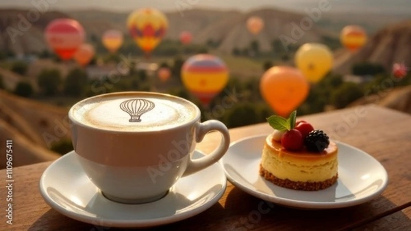 Obraz Morning cappuccino with cinnamon balloon design on milk foam, dessert overlooking colorful balloons flying over the valley