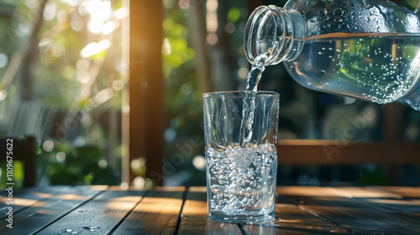 Fototapeta Pouring purified fresh water from a jug into a glass on a wooden table.