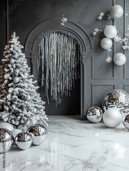 Fototapeta new year backdrop, dark gray wall with an arched entryway ind the middle and a silver foil fringe curtain in it, white marble floor, white Christmas tree silver ornaments on the side, medium and giant