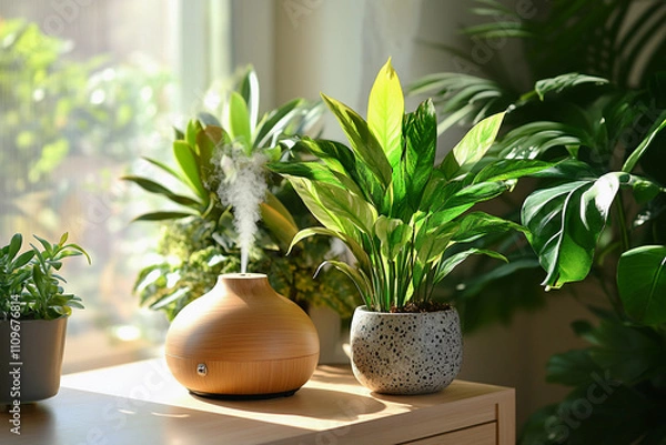 Fototapeta Soothing essential oil diffuser surrounded by lush indoor plants in a tranquil, sunlit setting. Generative AI