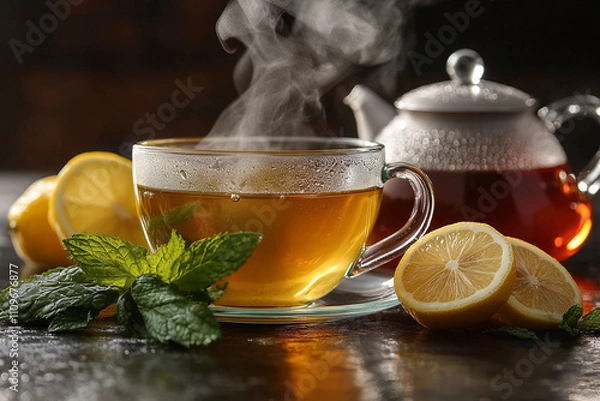 Fototapeta A steaming cup of herbal tea is placed on a wooden table, surrounded by fresh lemon slices and mint leaves. A teapot adds to the warm and inviting atmosphere.
