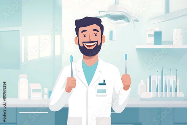 Obraz A professional and friendly dentist is standing in a modern, clean clinic, smiling warmly. They are holding a toothbrush in one hand and toothpaste in the other