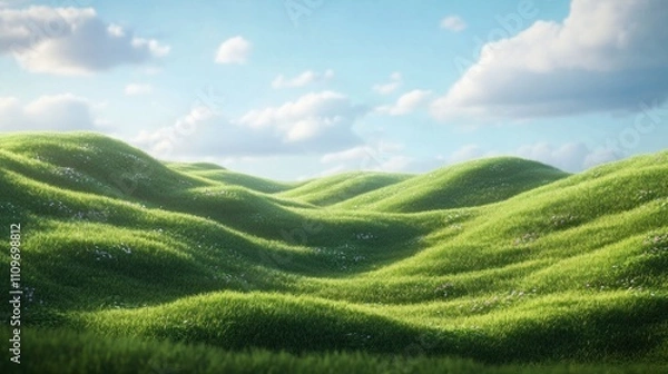 Obraz Serene Rolling Hills Covered in Lush Green Grass Under a Bright Blue Sky with Fluffy Clouds, Evoking Tranquility and Natural Beauty in a Vibrant Landscape