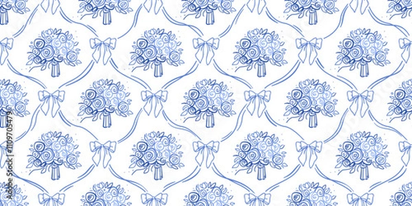 Fototapeta Blue coquette bow and flowers. Floral damask seamless pattern for fabric, wallpaper, cover, wrapping paper. Botanical classic elegance print Vector isolated on white background