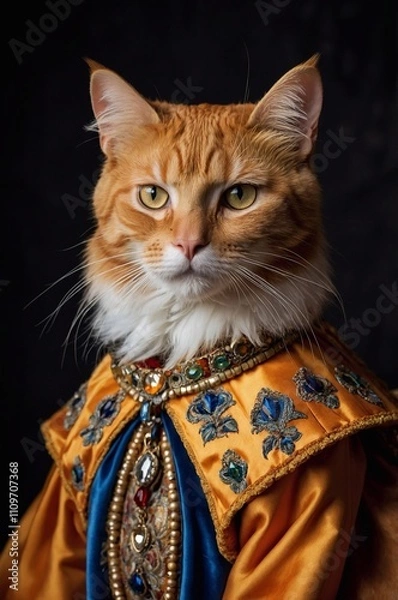 Obraz Cat portrait, orange tabby, renaissance costume, ruff collar, golden robe, studio portrait
