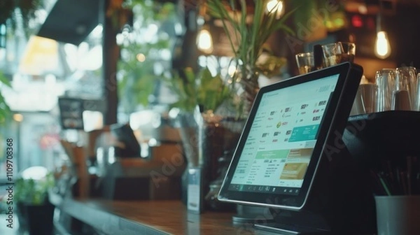 Obraz Modern Tablet Point of Sale System in a Trendy Cafe with Lush Greenery and Soft Lighting Creating a Warm Atmosphere for Customer Engagement and Transactions