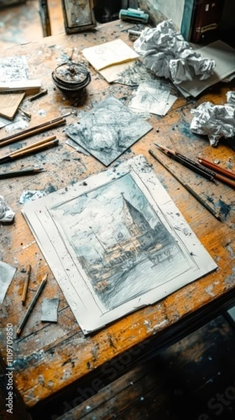 Fototapeta Artist's workspace with sketches