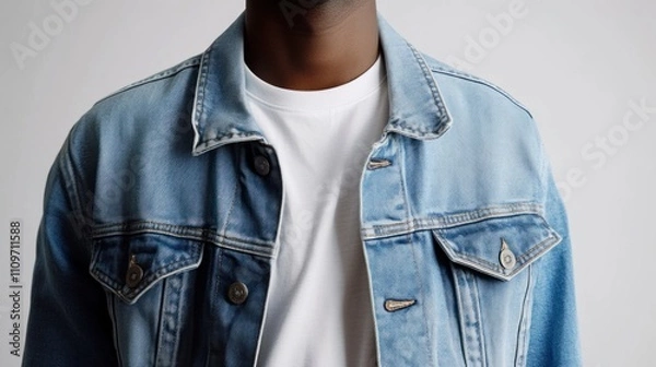 Obraz A Close-Up Portrait of a Young Man Wearing a Casual Denim Jacket Over a Clean White T-Shirt Against a Neutral Background