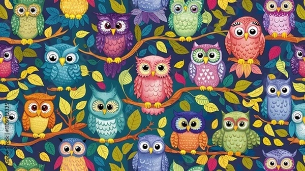 Fototapeta Seamless pattern with colorful owls