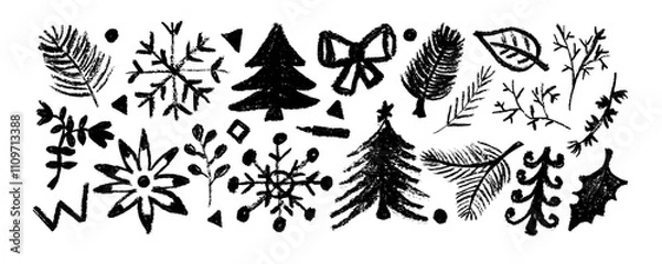 Fototapeta Charcoal colorful graffiti doodle punk and girly shapes collection. Hand drawn grunge style brush strokes, bold curved lines,  star and others geometric shapes. Vector collage elements.