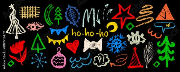 Fototapeta Set with colorful charcoal holidays elements. Hand drawn pencil lines, squiggles, stars and fir trees. Vector charcoal smears, swirls and doodle shapes. 