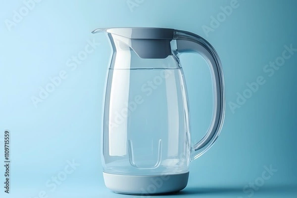 Fototapeta Stylish grey water filter pitcher with ergonomic handle on a light blue background