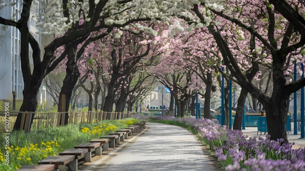 Fototapeta Urban park with a scenic walking path in spring bloom.