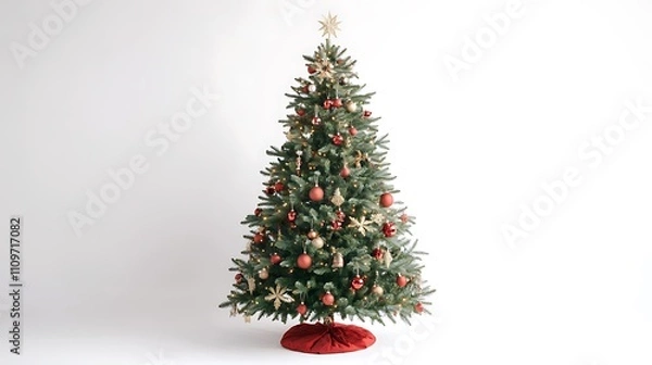 Fototapeta A beautifully decorated Christmas tree against a white background, captured in a studio shot for a clean look.
