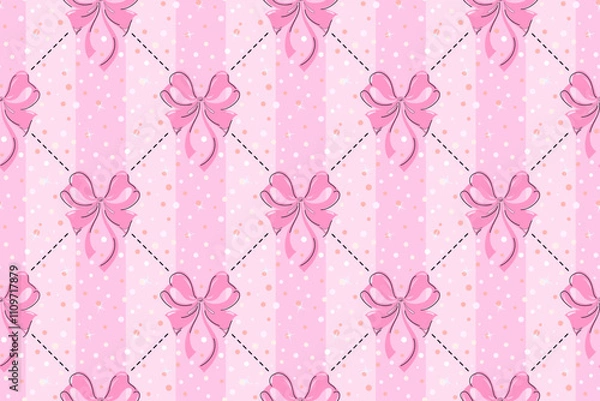 Obraz Pink bows and lines seamless pattern with small colorful dots, confetti or snowflakes background. Christmas or Valentines day holiday design
