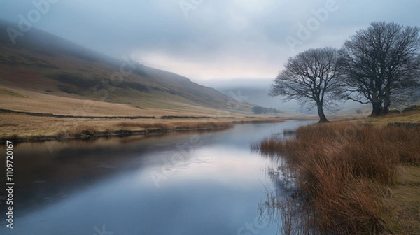 Fototapeta Tranquil River with Trees in Misty Valley