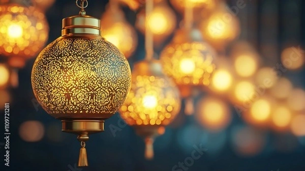 Fototapeta Illuminated Moroccan Lanterns Festive Golden Lights Ramadan Decor
