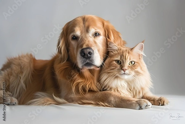 Fototapeta A heartwarming moment between a golden retriever and a fluffy ginger cat.  Their soft fur and gentle gaze create a peaceful scene.