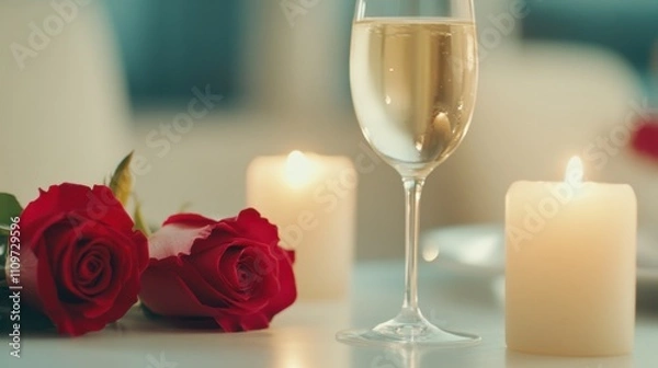 Fototapeta Candlelit Dinner Table Adorned With Roses and Wine Glasses Creates an Enchanting Romantic Atmosphere