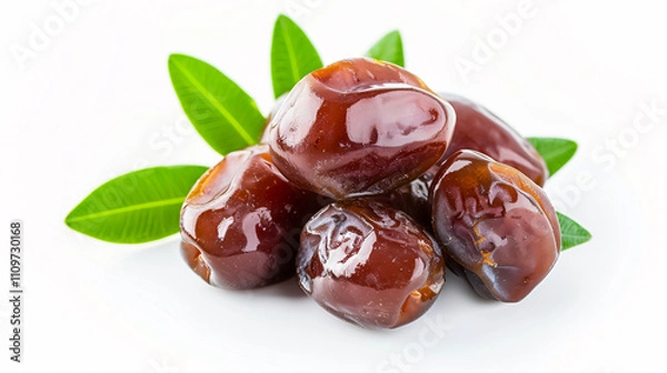 Obraz Dried Dates with Leaves: Tasty dried dates with leaves on a white background, emphasizing their natural and healthy appeal.