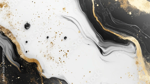 Fototapeta liquid marble texture, black and white with gold splashes, luxury background