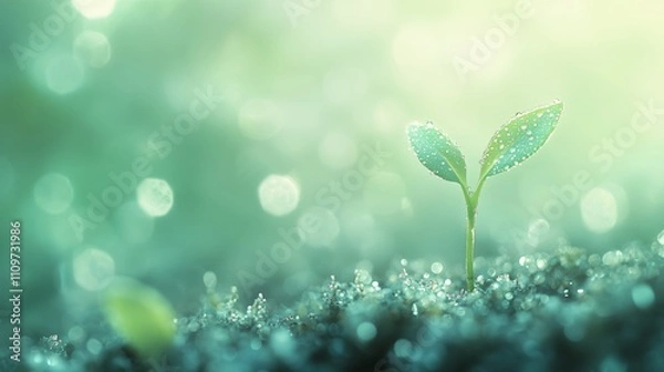 Fototapeta A bright green sprout growing from nutrient-rich soil, illuminated by a single ray of sunlight breaking through the clouds, with a blurred earthy background.