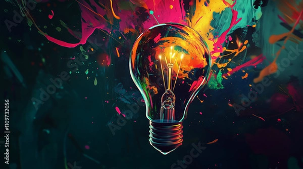 Obraz lightbulb explodes with colorful paint and colors, symbolizing a new idea, brainstorming concept