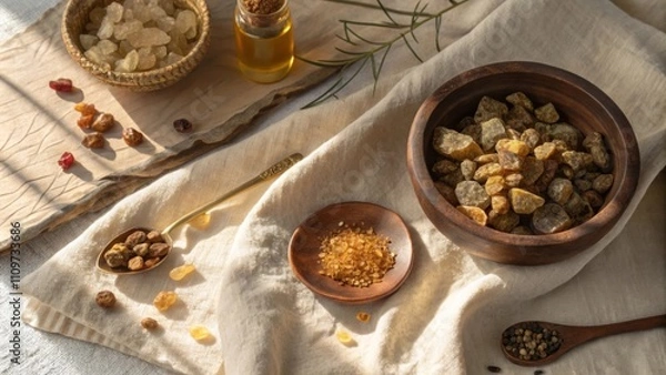 Fototapeta Assorted aromatic resins and spices arranged on natural fabrics