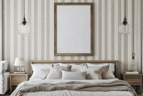Fototapeta Elegant bedroom with a blank wooden frame above the bed, featuring light gray vertical striped walls, modern decor, a white sofa, bedside tables, and pendant lights.