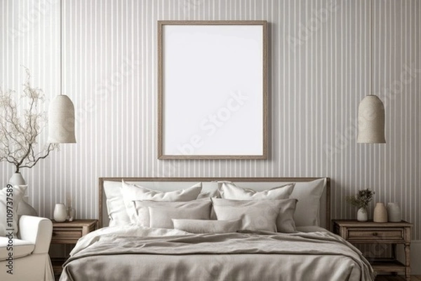 Fototapeta Elegant bedroom with a blank wooden frame above the bed, featuring light gray vertical striped walls, modern decor, a white sofa, bedside tables, and pendant lights.