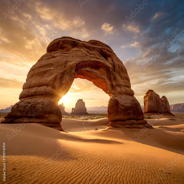 Fototapeta Colossal arches of floating rocks frame the crystal-clear sand under the twilight. Generated by 1:1 AI, ideal for projects that evoke mystery, perfect for e-books, projects for visual grandeur.