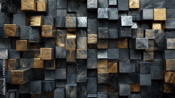 Fototapeta Abstract arrangement of black and gold 3D cubes with textured surfaces