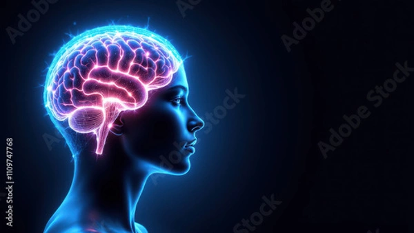 Fototapeta AI-generated human brain with a detailed frontal view against a dark background, emphasizing artificial general intelligence.